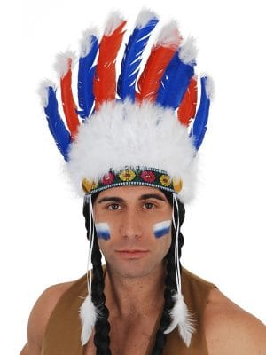 Indian Headpiece Blue and Red Feathers with White Tips