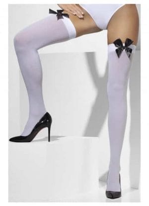 White Opaque Thigh Highs with Black Satin Bow