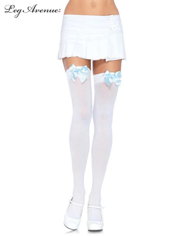 White Opaque Thigh Highs with Light Blue Satin Bow