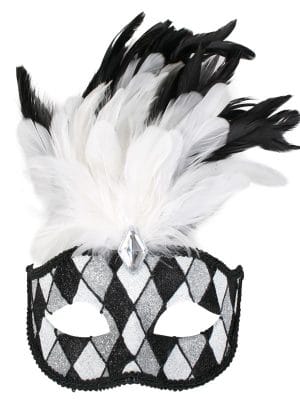 Francesca Eye Mask Black, White and Silver with Feathers