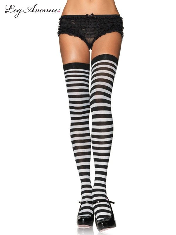Black and White Striped Thigh High Stocking