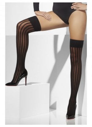 Black Sheer Tights Hold Ups with Vertical Stripes