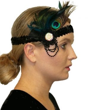Flapper 1920's Headband Sequined - Gold - image Peacock-Feather-Headband-with-Flower-300x372 on https://www.abracadabrafancydress.com.au