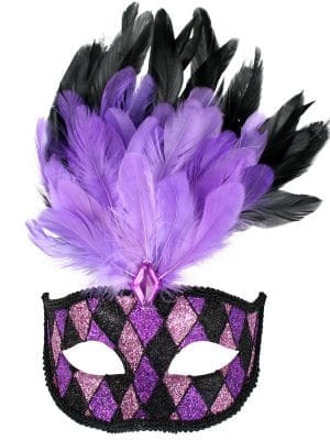 Embroidered Lace Filigree Swirl Eyemask - image FRANCESCA-Purple-Black-with-feathers-Eye-Mask-300x400 on https://www.abracadabrafancydress.com.au