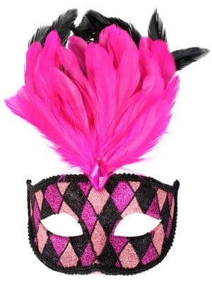 Embroidered Lace Filigree Swirl Eyemask - image FRANCESCA-Pink-Black-with-feathers-Eye-Mask-300x400 on https://www.abracadabrafancydress.com.au