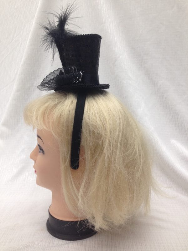 Mini Top Hat Black on Headband Sequin With Feather Burlesque Hen Night Party - image tb3-600x800 on https://www.abracadabrafancydress.com.au