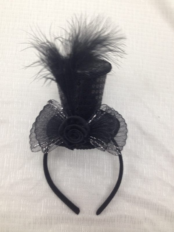 Mini Top Hat Black on Headband Sequin With Feather Burlesque Hen Night Party - image tb5-600x800 on https://www.abracadabrafancydress.com.au
