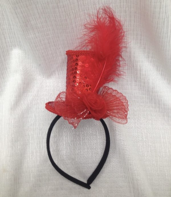 Mini Top Hat Red on Headband Sequin With Feather Burlesque Hen Night Party - image tre1-600x692 on https://www.abracadabrafancydress.com.au