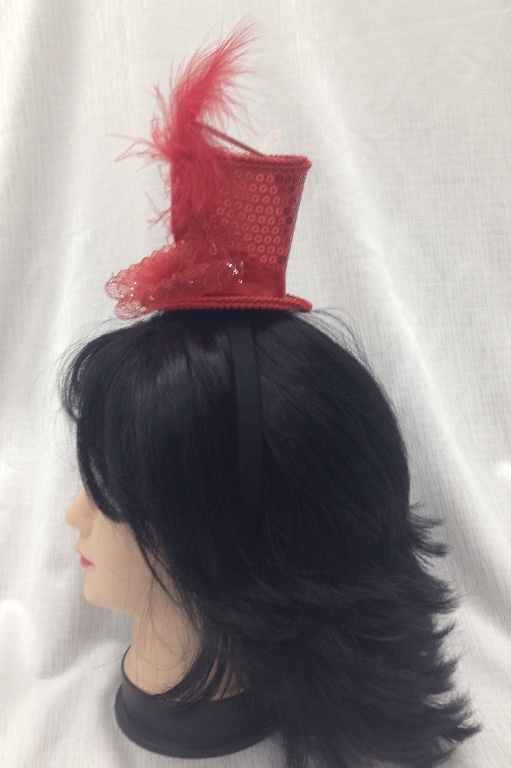 Mini Top Hat Red on Headband Sequin With Feather Burlesque Hen Night Party - image tre3 on https://www.abracadabrafancydress.com.au