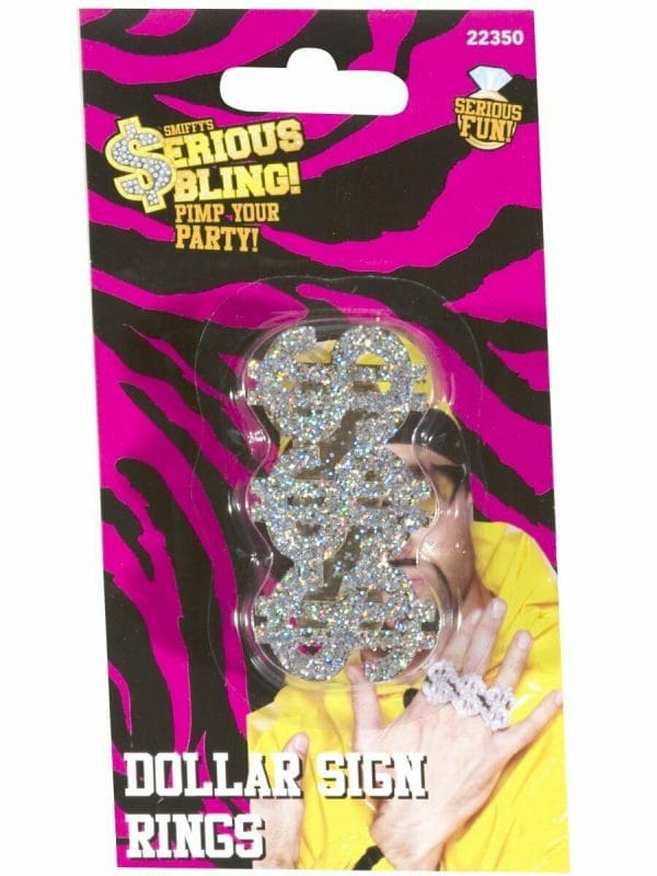 3 in 1 Dollar Rapper Ring Pimp Gangster Ali G Dress Up Costume Jewellery Silver