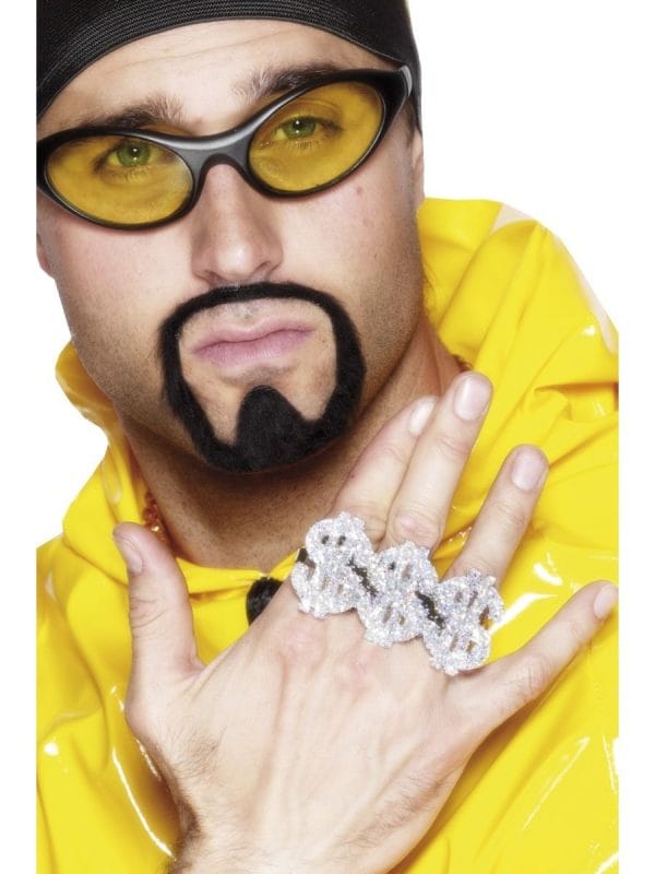 3 in 1 Dollar Rapper Ring Pimp Gangster Ali G Dress Up Costume Jewellery Silver