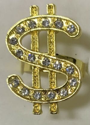 Gold Dollar Sign Ring Rhinestone Bling Rapper Pimp Gangster