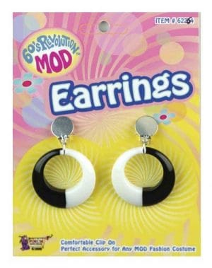 Black and White Round Clip On Earrings Mod 60's 1960s Retro Costume Jewellery