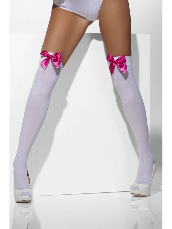 White Opaque Thigh Highs with Hot Pink Fuchsia Bows Stockings Tights