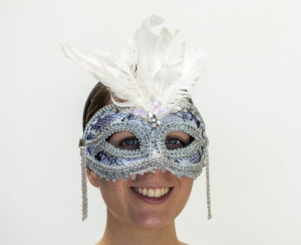 Silver and White Face Eye Mask Feathers and Beads Venetian Masquerade - image IM-057-A1-600x487 on https://www.abracadabrafancydress.com.au