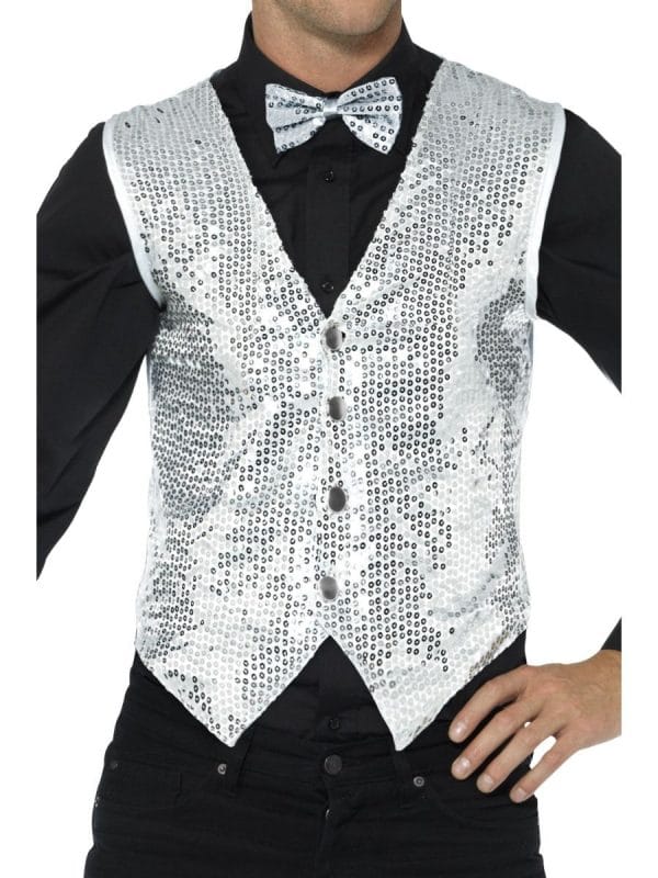 Silver Sequin Waistcoat Vest Dance 20s Mardi Gras Ringmaster Magician - image 42938-600x800 on https://www.abracadabrafancydress.com.au