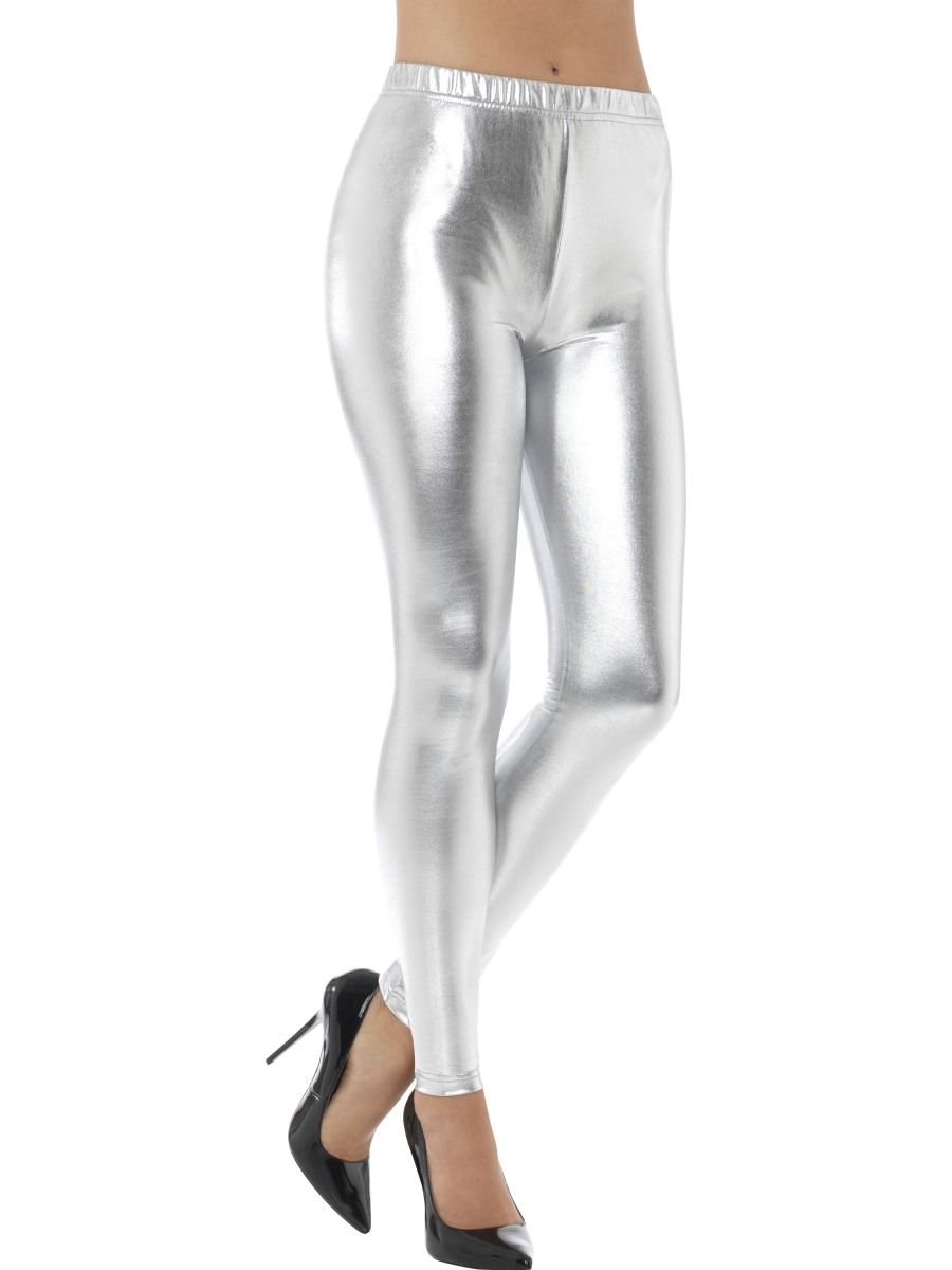 80's Metallic Disco Silver Footless Leggings - Abracadabra Fancy Dress