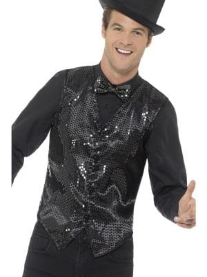 Black Sequin Waistcoat Vest Dance 20s Mardi Gras Ringmaster Magician - image 46961-300x400 on https://www.abracadabrafancydress.com.au