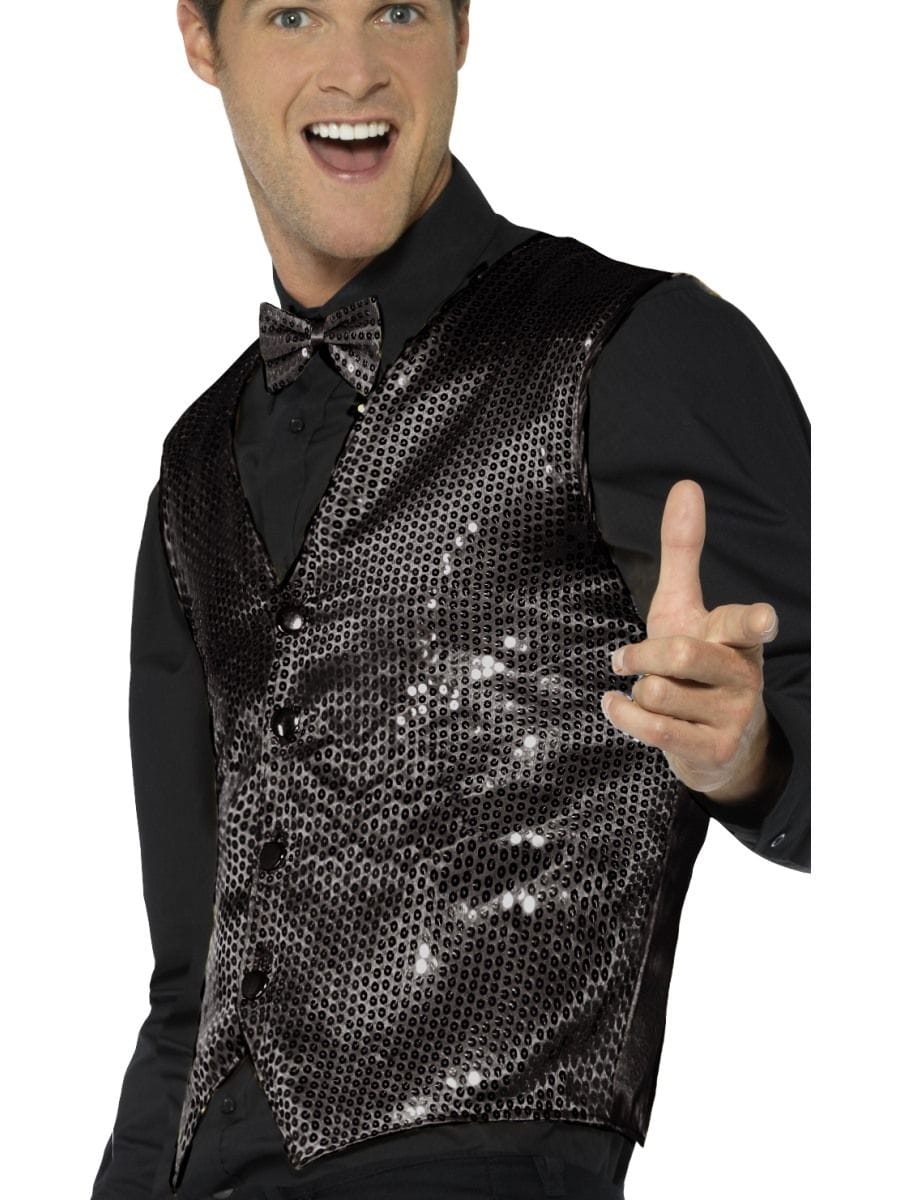 Black Sequin Waistcoat Adults Fancy Dress Cabaret Showman Mens