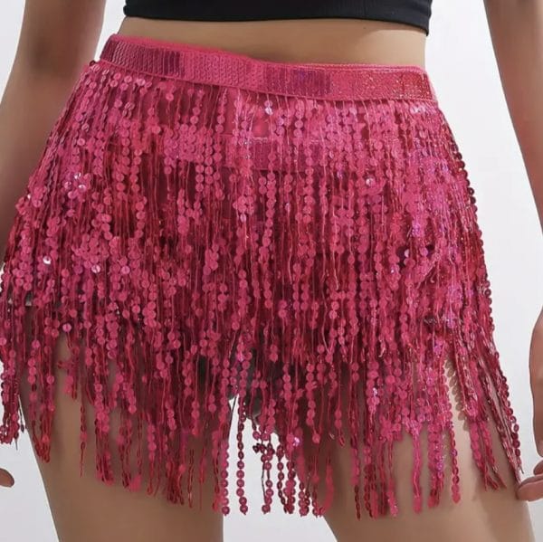 Sequin Hot Pink Tassel Skirt Taylor Swift Eras Hip Scarf Lace-up Fringed Miniskirt Belly Dance - image IMG_9353-600x599 on https://www.abracadabrafancydress.com.au