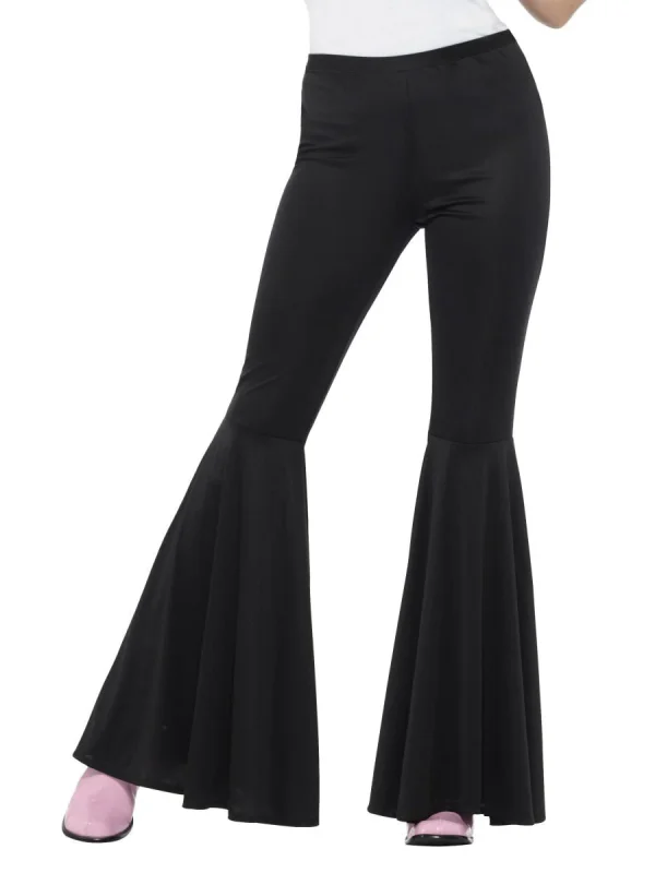 Black Flared Pants Ladies 1970s Hippie Retro Groovy Disco 60s Trousers - image  on https://www.abracadabrafancydress.com.au