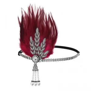 1920's Deluxe Burgundy Black Flapper Headpiece Headband With Faux Feather And Faux Pearl Pendant Gatsby Charleston 20s - image  on https://www.abracadabrafancydress.com.au
