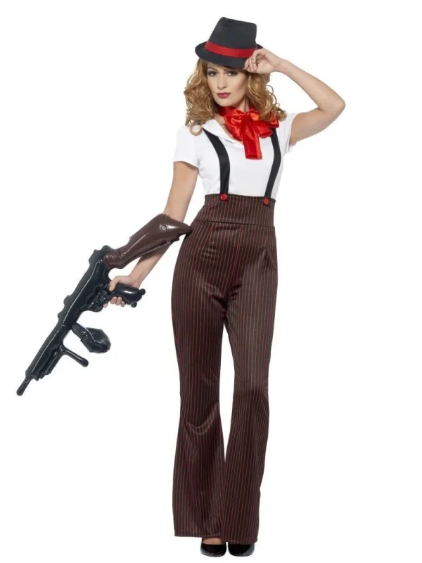 Glam Gangster Moll Costume 1920s Razzle Pinstripe Mob Mafia Boss Bonnie - image  on https://www.abracadabrafancydress.com.au