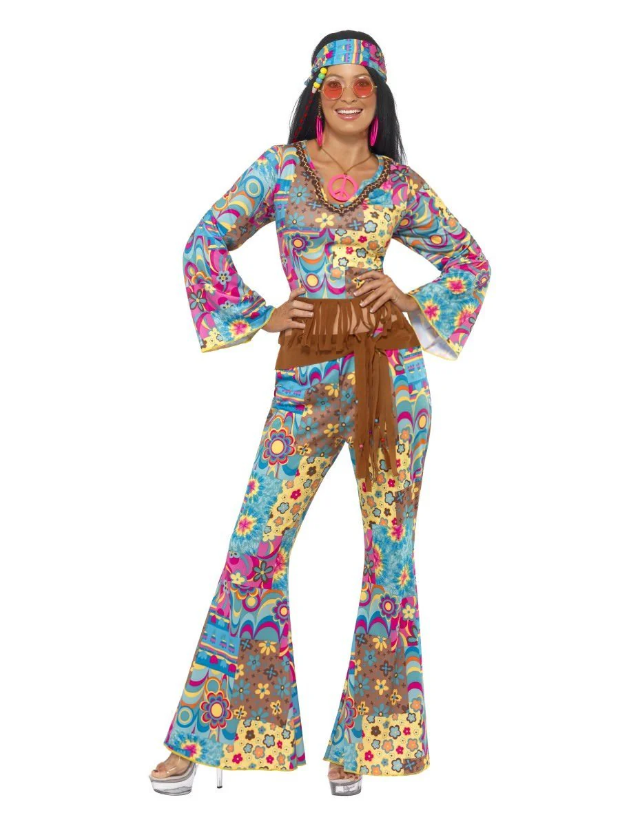 Hippie Flower Power Costume Hippy 60s 70s Women Disco Retro Groovy Woodstock Abracadabra Fancy Dress