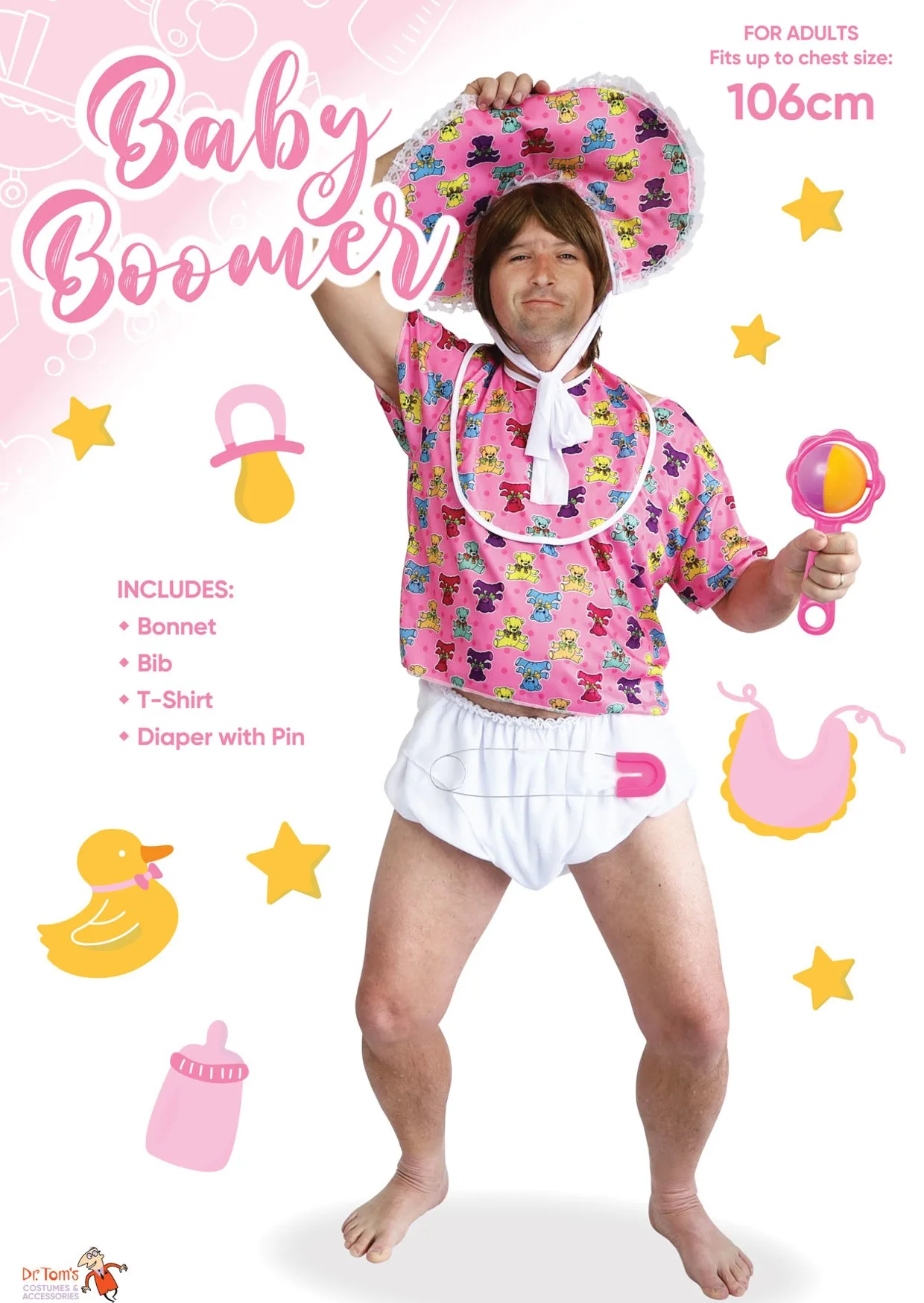 Pink Big Baby Costume Adult Boomer Novelty Shirt Bib Bonnet Nappy Pin One Size - image d21091p_1 on https://www.abracadabrafancydress.com.au