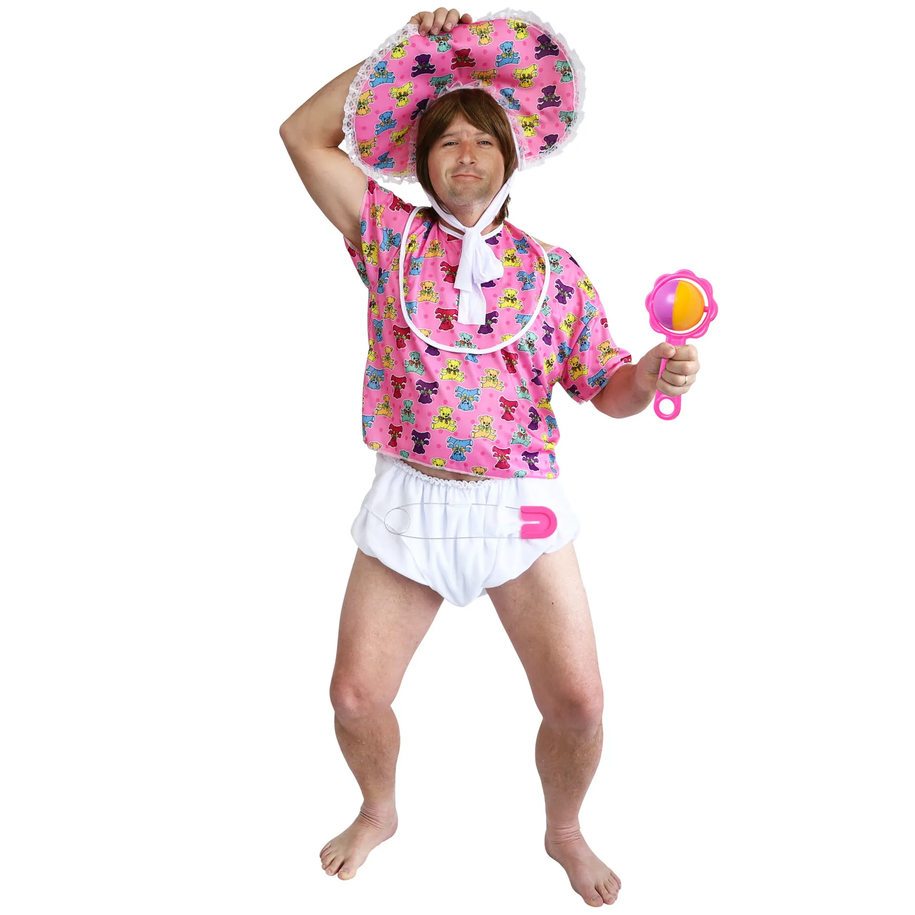 Pink Big Baby Costume Adult Boomer Novelty Shirt Bib Bonnet Nappy Pin One Size - image d21091p_2 on https://www.abracadabrafancydress.com.au