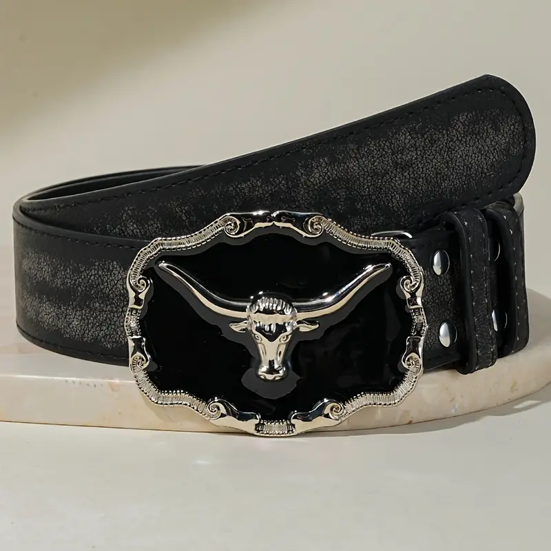Western Cowboy Leather Belt With Buckle Long Horn Texas Bull Metal Alloy Buckles - image  on https://www.abracadabrafancydress.com.au