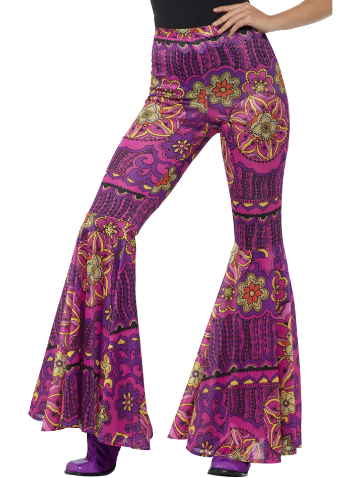 Pink Psychedelic Flared Pants Ladies 1970s Hippie Retro Groovy Disco 60s Trousers - image  on https://www.abracadabrafancydress.com.au