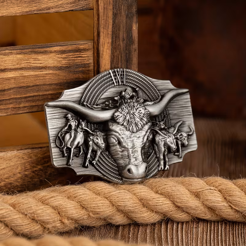 Western Cowboy Belt Buckle Long Horn Texas Bull Metal Alloy Buckles - image  on https://www.abracadabrafancydress.com.au