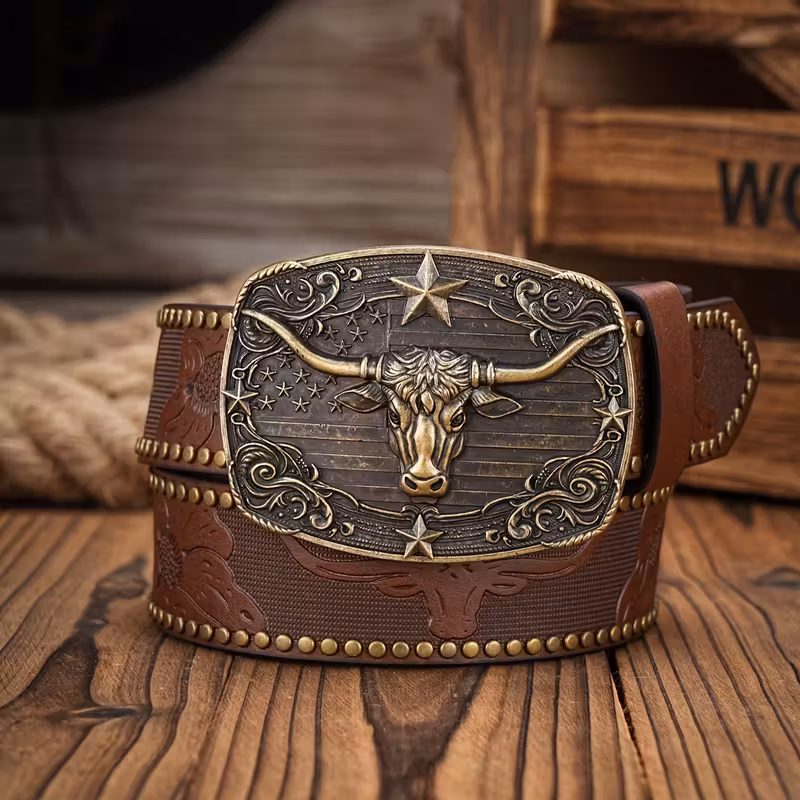 Western Cowboy Bronze Gold Belt Buckle Long Horn Texas Bull Metal Alloy Buckles - image  on https://www.abracadabrafancydress.com.au