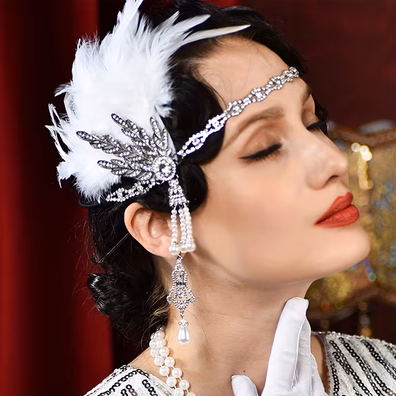 1920's Deluxe Silver White Flapper Headpiece Headband With Faux Feather And Faux Pearl Pendant Gatsby Charleston 20s - image  on https://www.abracadabrafancydress.com.au