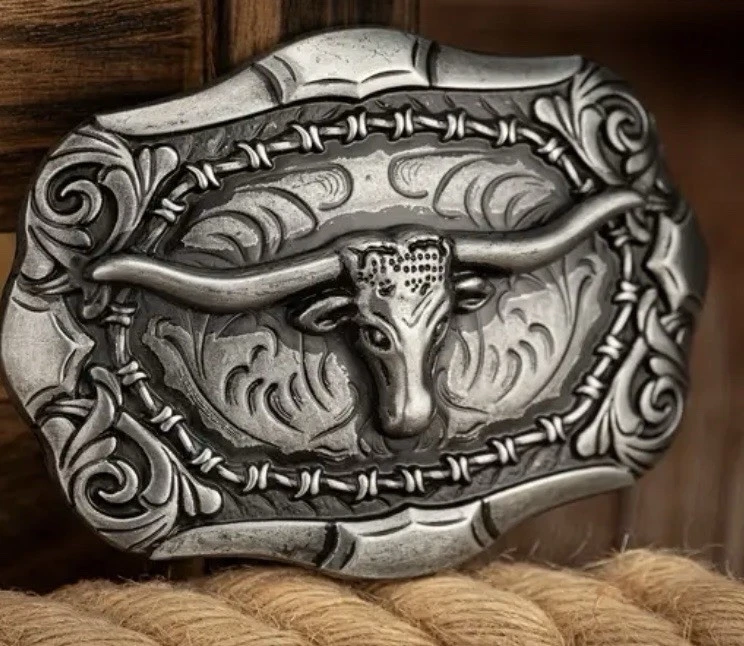 Western Cowboy Silver Belt Buckle Long Horn Texas Bull Metal Buckles Wild West - image  on https://www.abracadabrafancydress.com.au