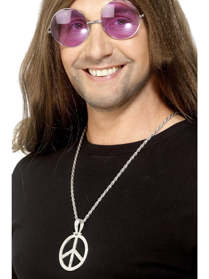 Silver Hippie Peace Sign Pendant Necklace 44cm Chain Medallion Hippy 60s 70s - image 29899_A1_W on https://www.abracadabrafancydress.com.au