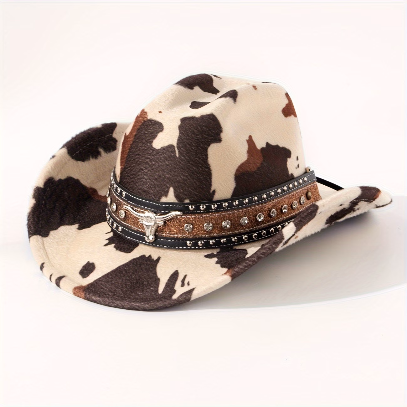 Cow Pattern Print Cowboy Cowgirl Hat With Bull Hat Band Adult Western Costume Wild West - image  on https://www.abracadabrafancydress.com.au