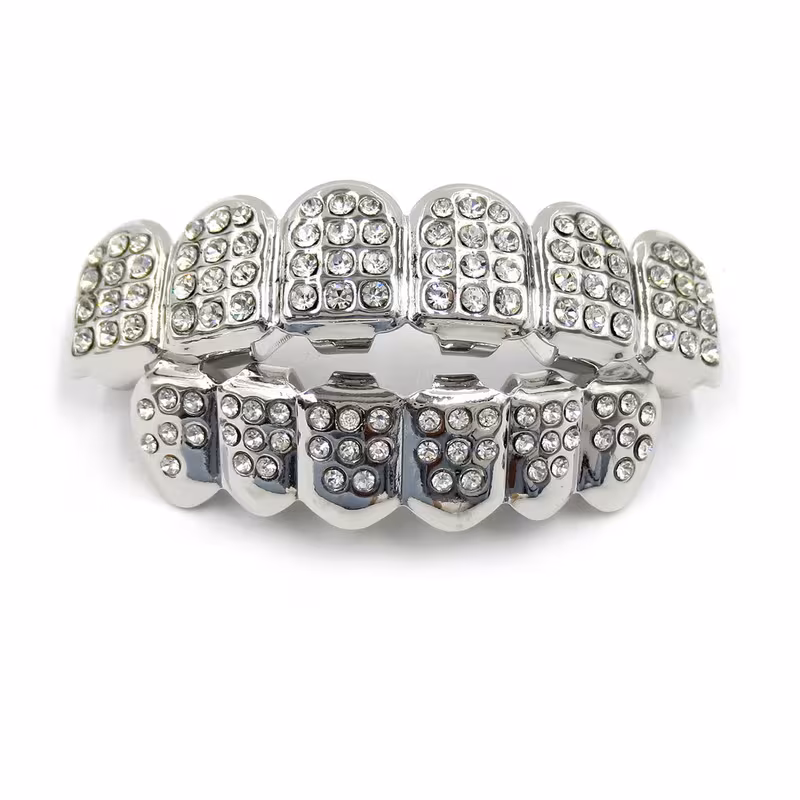 Silver Plated Grillz Gangster Teeth Big Daddy Pimp Fake Pimp Hip Hop Teeth Grills Top And Bottom - image  on https://www.abracadabrafancydress.com.au