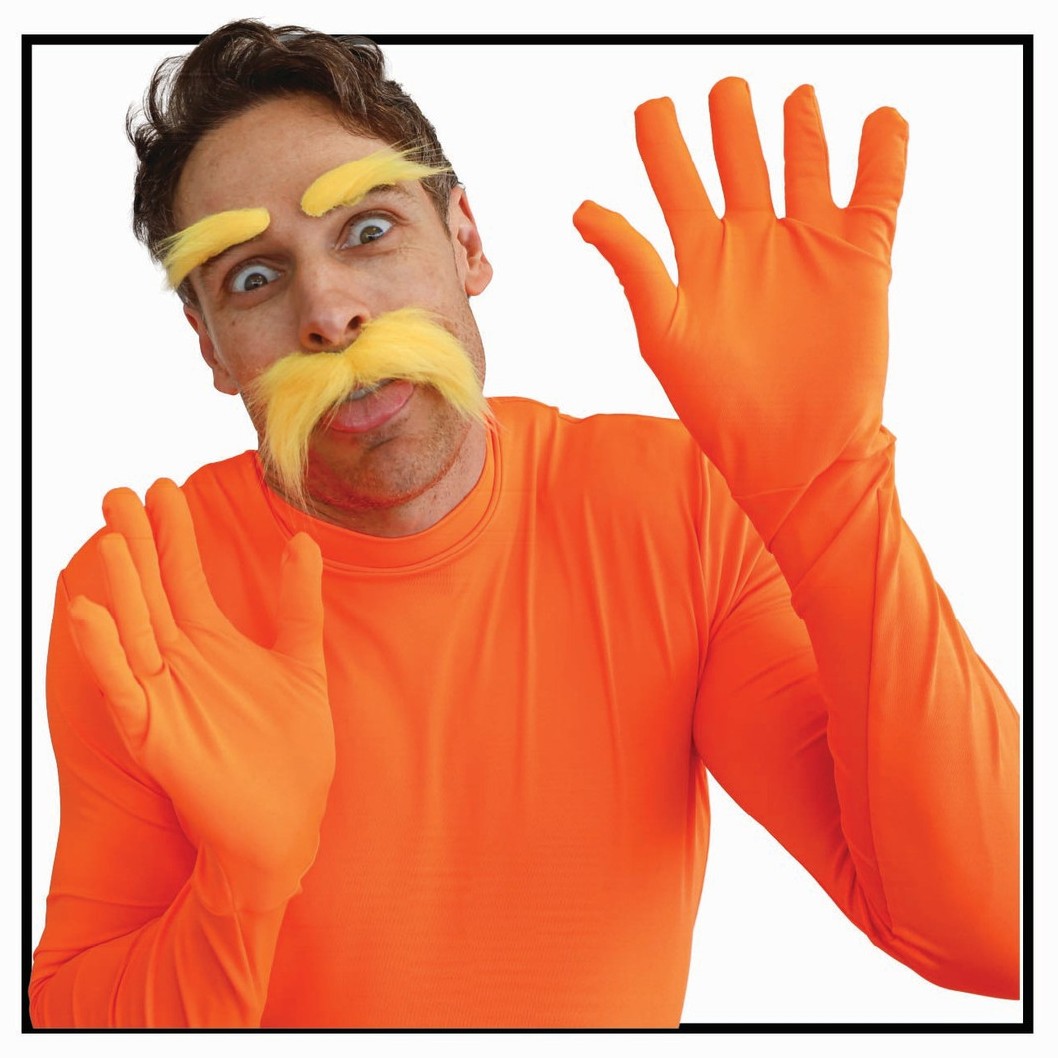 Teddy Boy Black Sideburns - image D080O_Moustache-and-Eyebrows-Orange_2-01 on https://www.abracadabrafancydress.com.au
